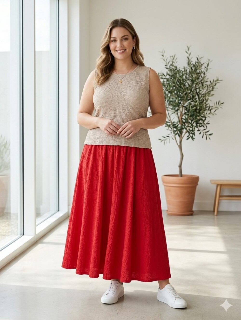 #22 Shimmery Tan Textured Tank with Orange Red Maxi Skirt